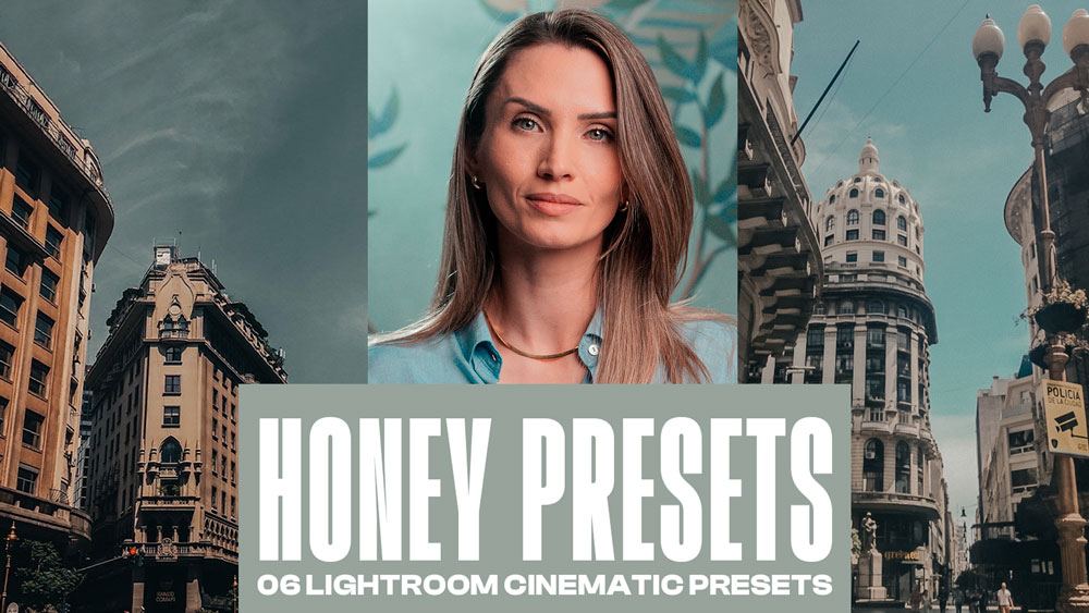 Capa do pack HONEY COLORS com retrato e arquitetura em tons quentes